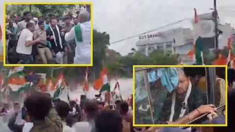तेजस्वी के नेतृत्व में लोकभवन मार्च उग्र, पुलिस ने छोड़ा वाटर कैनन, डमी AK-47 लेकर उतरे कार्यकर्ता